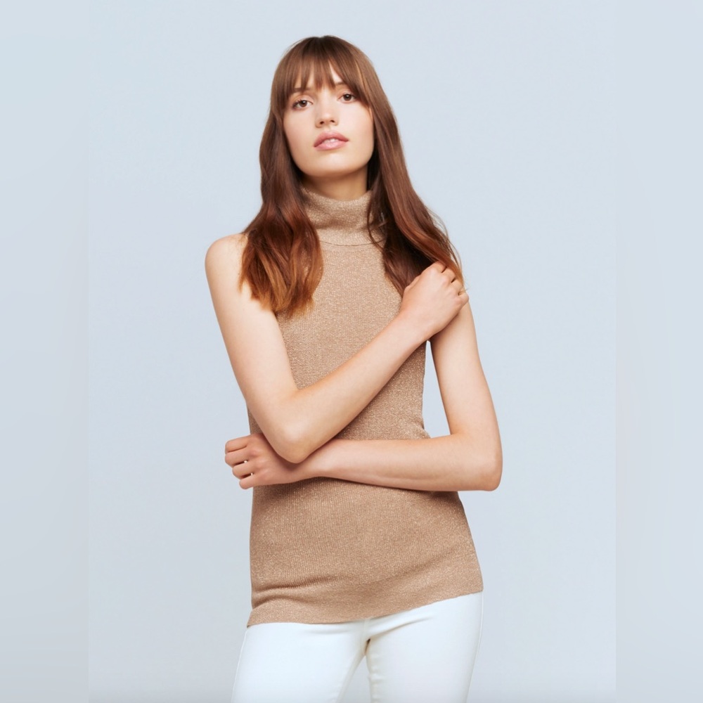 REVOLVE L’Agence XS Sabrina Sleeveless Turtleneck Top Knit Blouse Gold Biscotti - Picture 5 of 11